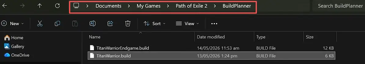 Correct file directory path structure for importing .build files Path of Exile 2 BuildPlanner Folder Directory Path in Windows File Explorer